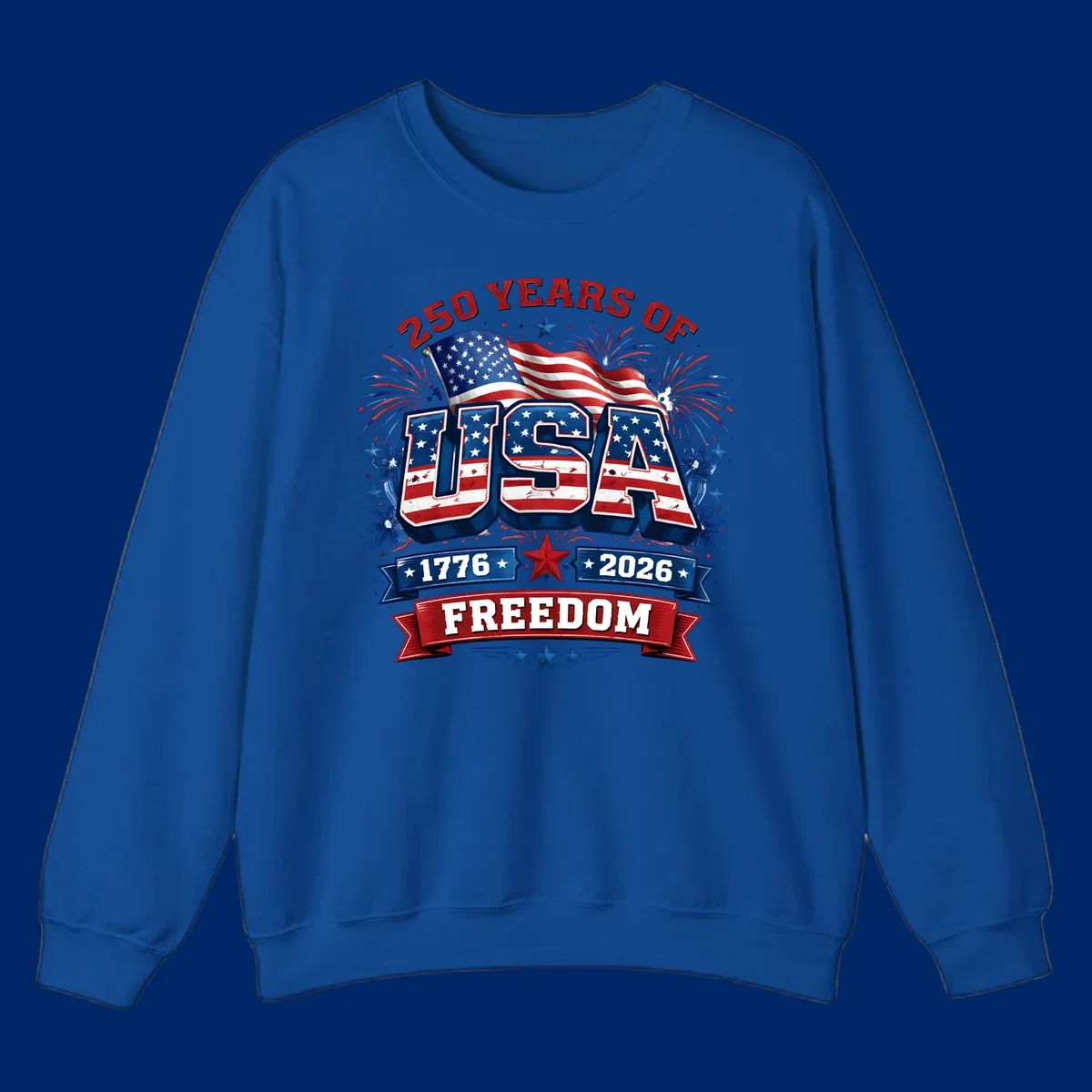 A vibrant patriotic design celebrating america-250-years-freedom with "USA" text, an American flag, fireworks, and "1776 2026 FREEDOM" banners.
