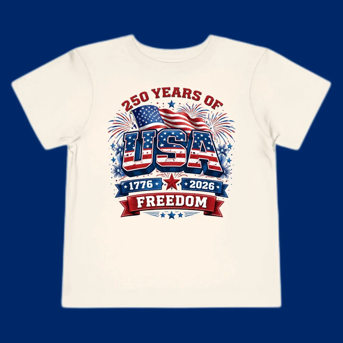 A vibrant patriotic design celebrating america-250-years-freedom with "USA" text, an American flag, fireworks, and "1776 2026 FREEDOM" banners.