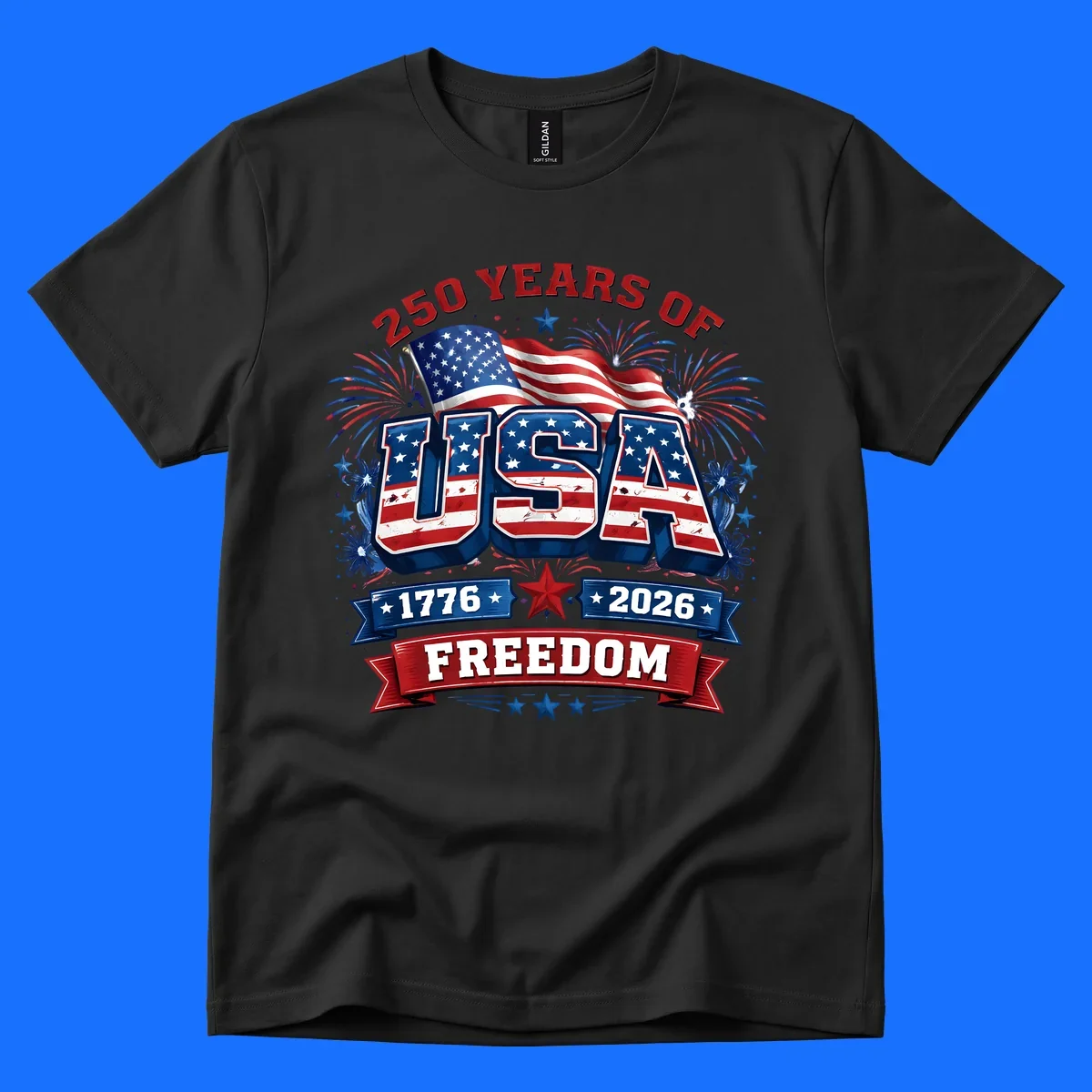A vibrant patriotic design celebrating america-250-years-freedom with "USA" text, an American flag, fireworks, and "1776 2026 FREEDOM" banners.