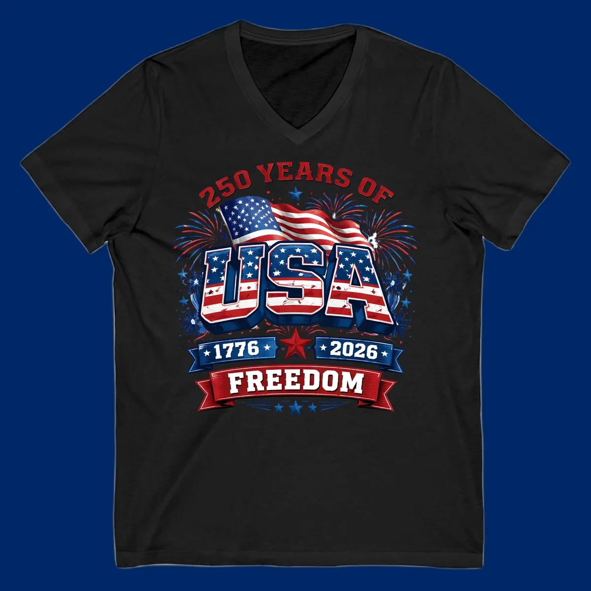 A vibrant patriotic design celebrating america-250-years-freedom with "USA" text, an American flag, fireworks, and "1776 2026 FREEDOM" banners.