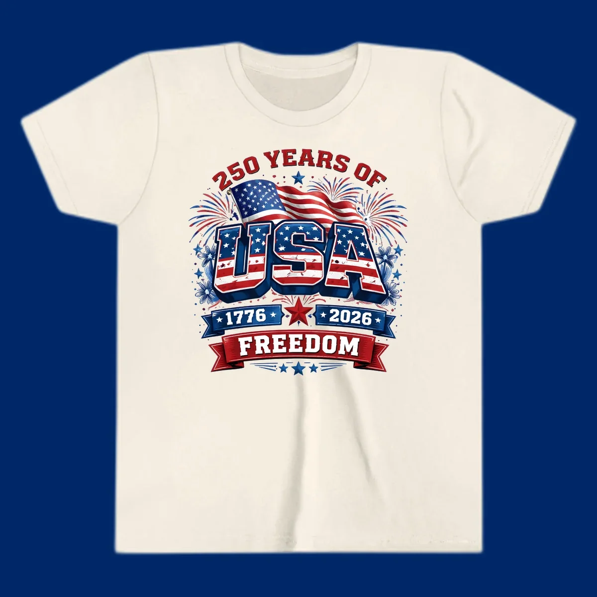 A vibrant patriotic design celebrating america-250-years-freedom with "USA" text, an American flag, fireworks, and "1776 2026 FREEDOM" banners.