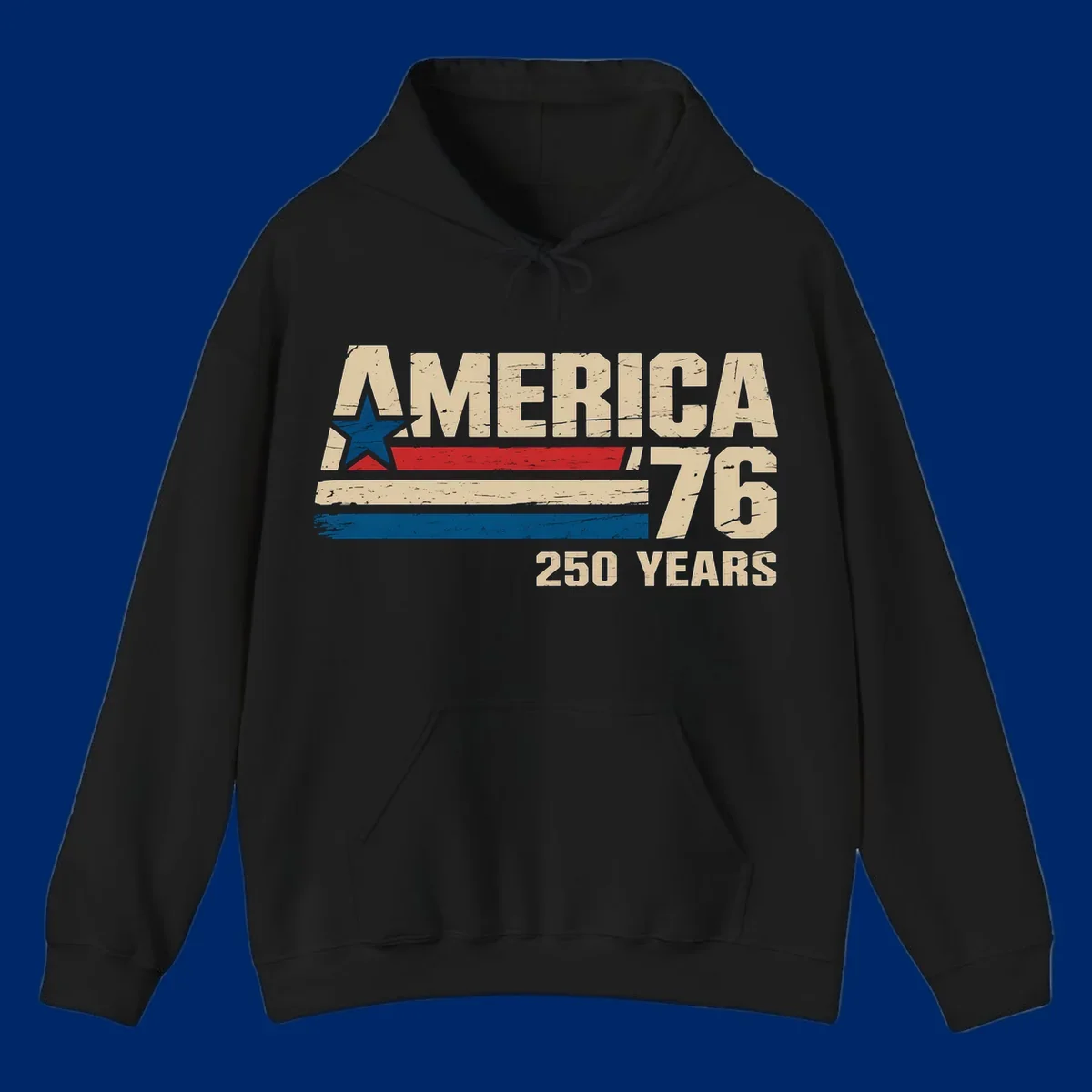 A distressed vintage design reads 'AMERICA '76' with a blue star in the A, and '250 YEARS' below. Features red, beige, and blue stripes, celebrating the america-76-250-years.