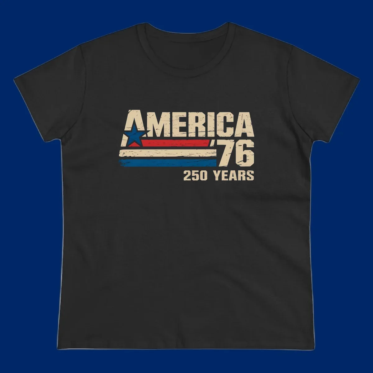 A distressed vintage design reads 'AMERICA '76' with a blue star in the A, and '250 YEARS' below. Features red, beige, and blue stripes, celebrating the america-76-250-years.