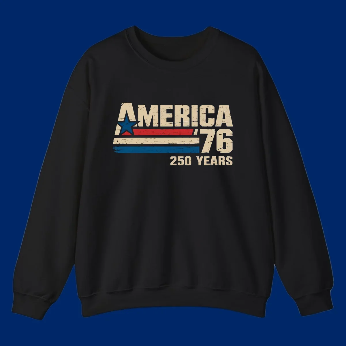 A distressed vintage design reads 'AMERICA '76' with a blue star in the A, and '250 YEARS' below. Features red, beige, and blue stripes, celebrating the america-76-250-years.