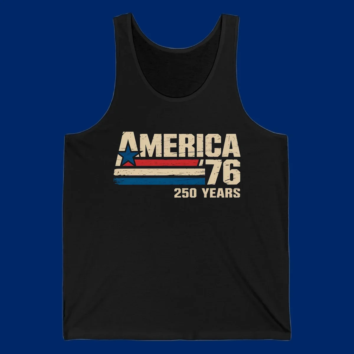 A distressed vintage design reads 'AMERICA '76' with a blue star in the A, and '250 YEARS' below. Features red, beige, and blue stripes, celebrating the america-76-250-years.