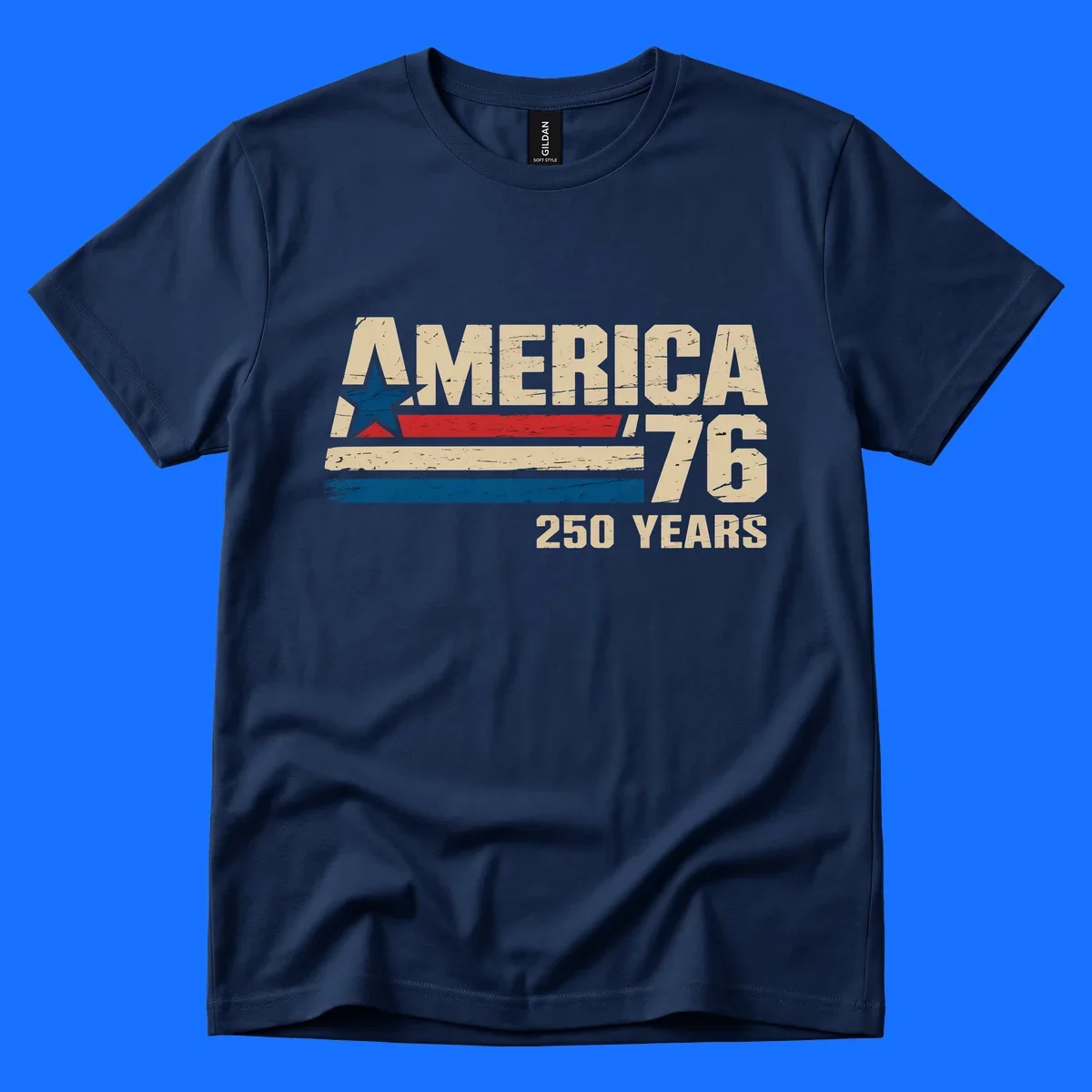 A distressed vintage design reads 'AMERICA '76' with a blue star in the A, and '250 YEARS' below. Features red, beige, and blue stripes, celebrating the america-76-250-years.