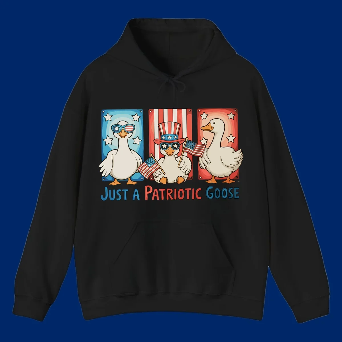 Illustration of three cartoon geese on patriotic red, white, and blue backgrounds with stars and stripes, with the text 'JUST A PATRIOTIC GOOSE'.