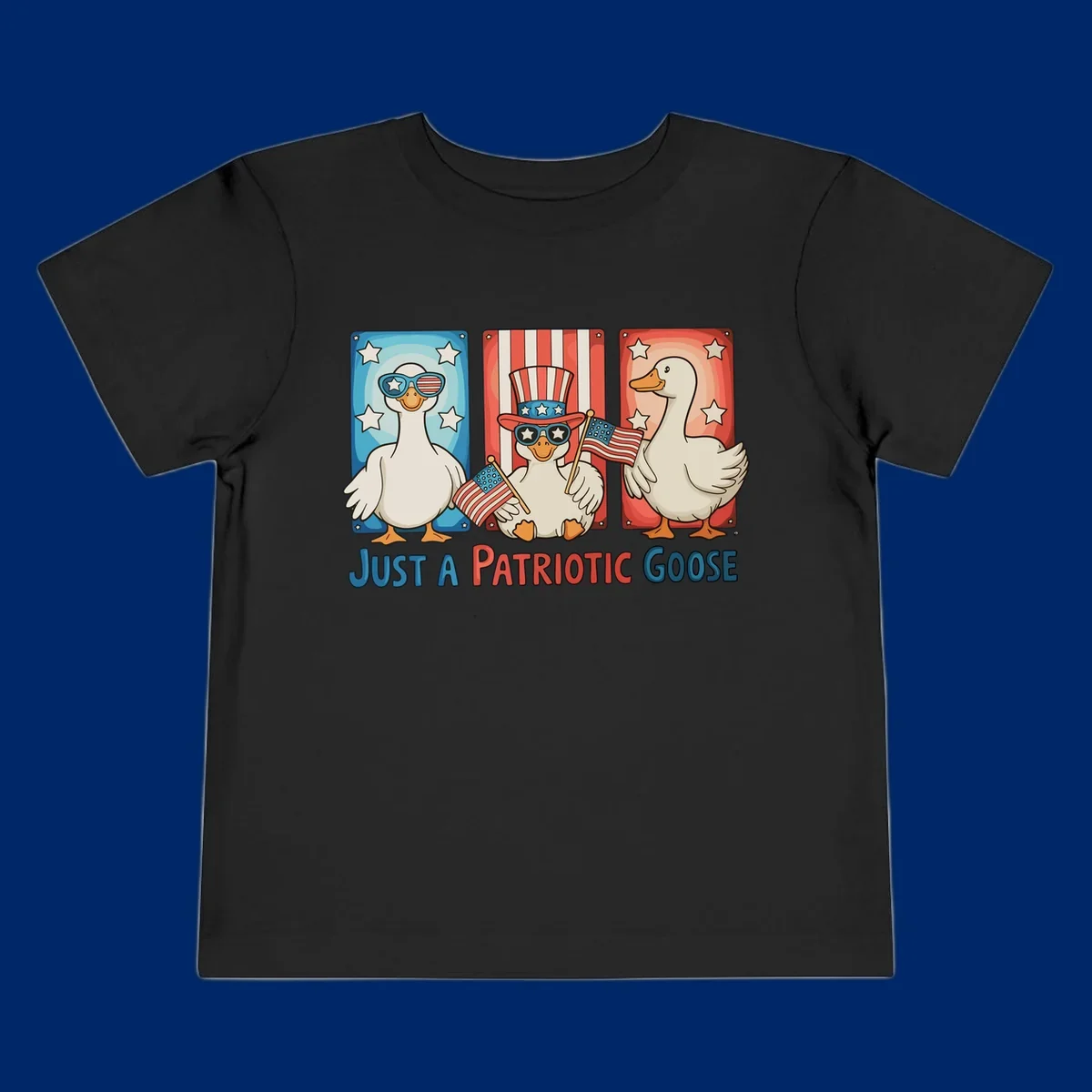 Illustration of three cartoon geese on patriotic red, white, and blue backgrounds with stars and stripes, with the text 'JUST A PATRIOTIC GOOSE'.