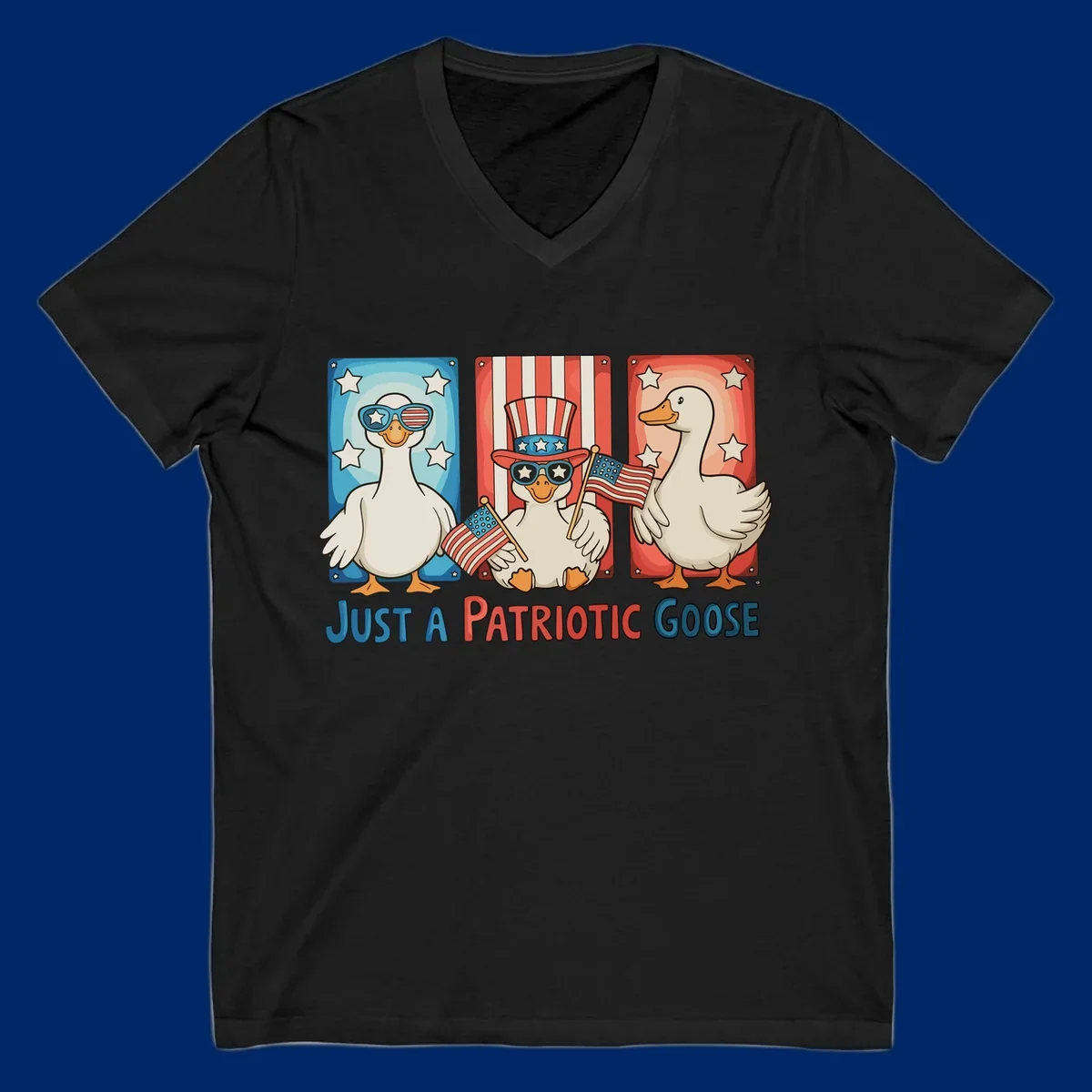 Illustration of three cartoon geese on patriotic red, white, and blue backgrounds with stars and stripes, with the text 'JUST A PATRIOTIC GOOSE'.