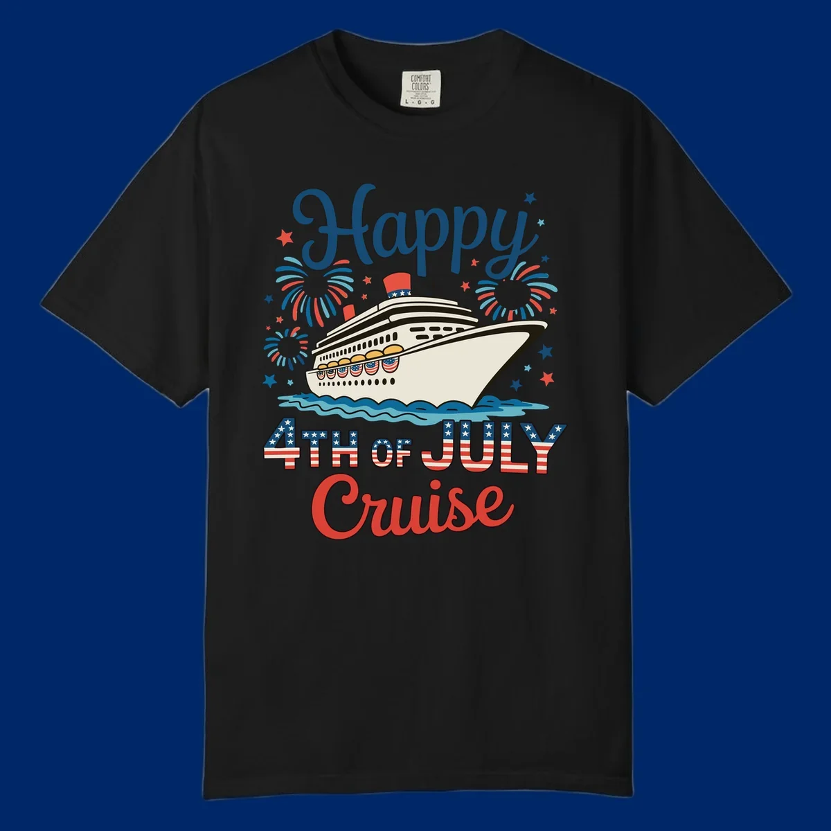 An illustrated design for a happy 4th of July cruise, featuring a white cruise ship on blue waves, surrounded by red and blue fireworks and stars, with the text 'Happy 4TH OF JULY Cruise'.