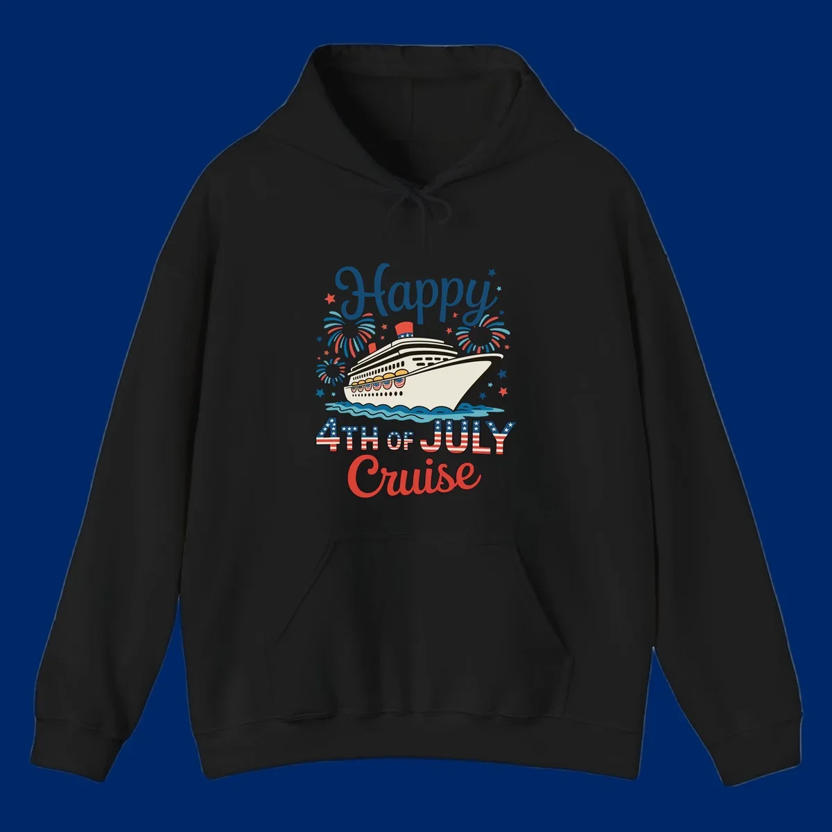 An illustrated design for a happy 4th of July cruise, featuring a white cruise ship on blue waves, surrounded by red and blue fireworks and stars, with the text 'Happy 4TH OF JULY Cruise'.