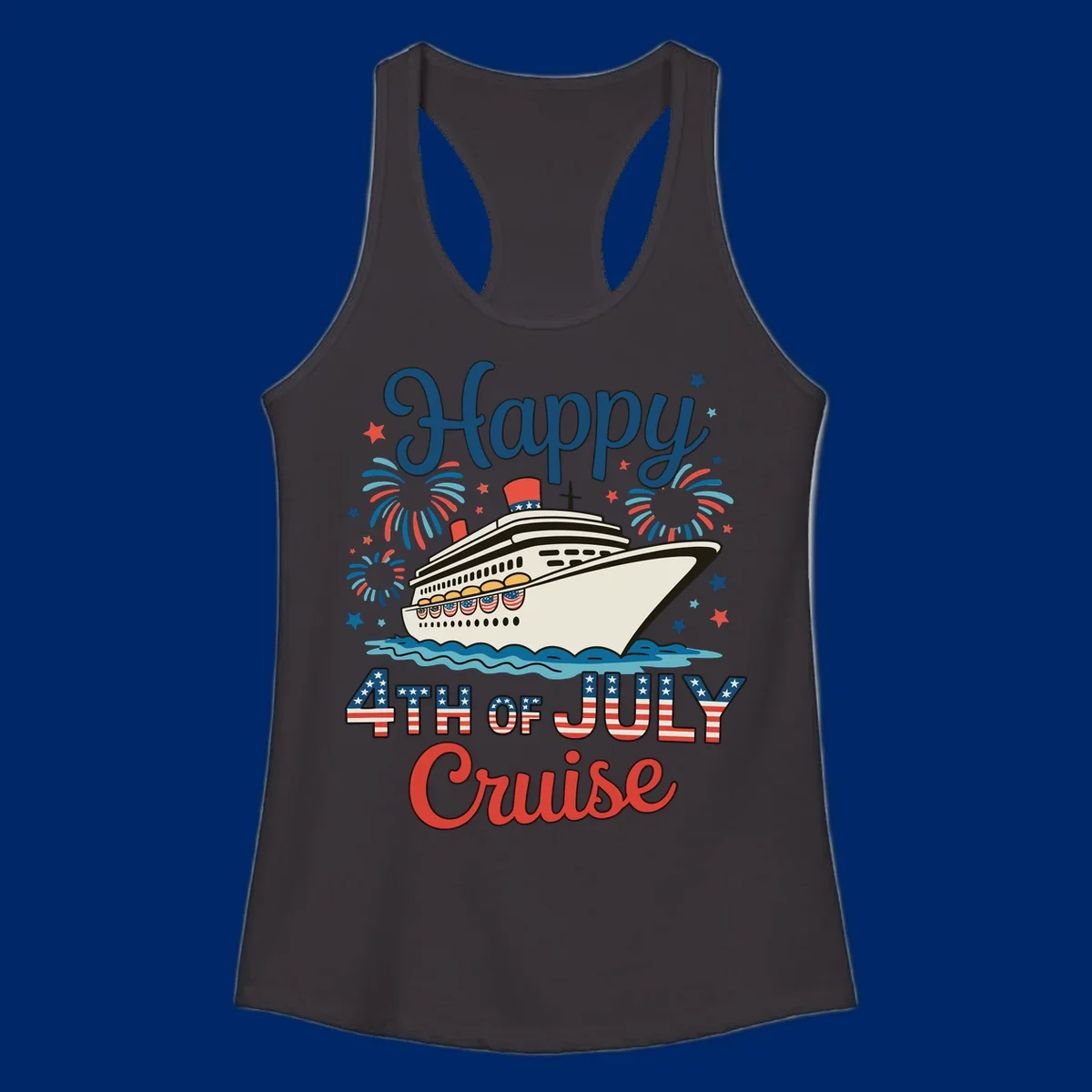 An illustrated design for a happy 4th of July cruise, featuring a white cruise ship on blue waves, surrounded by red and blue fireworks and stars, with the text 'Happy 4TH OF JULY Cruise'.