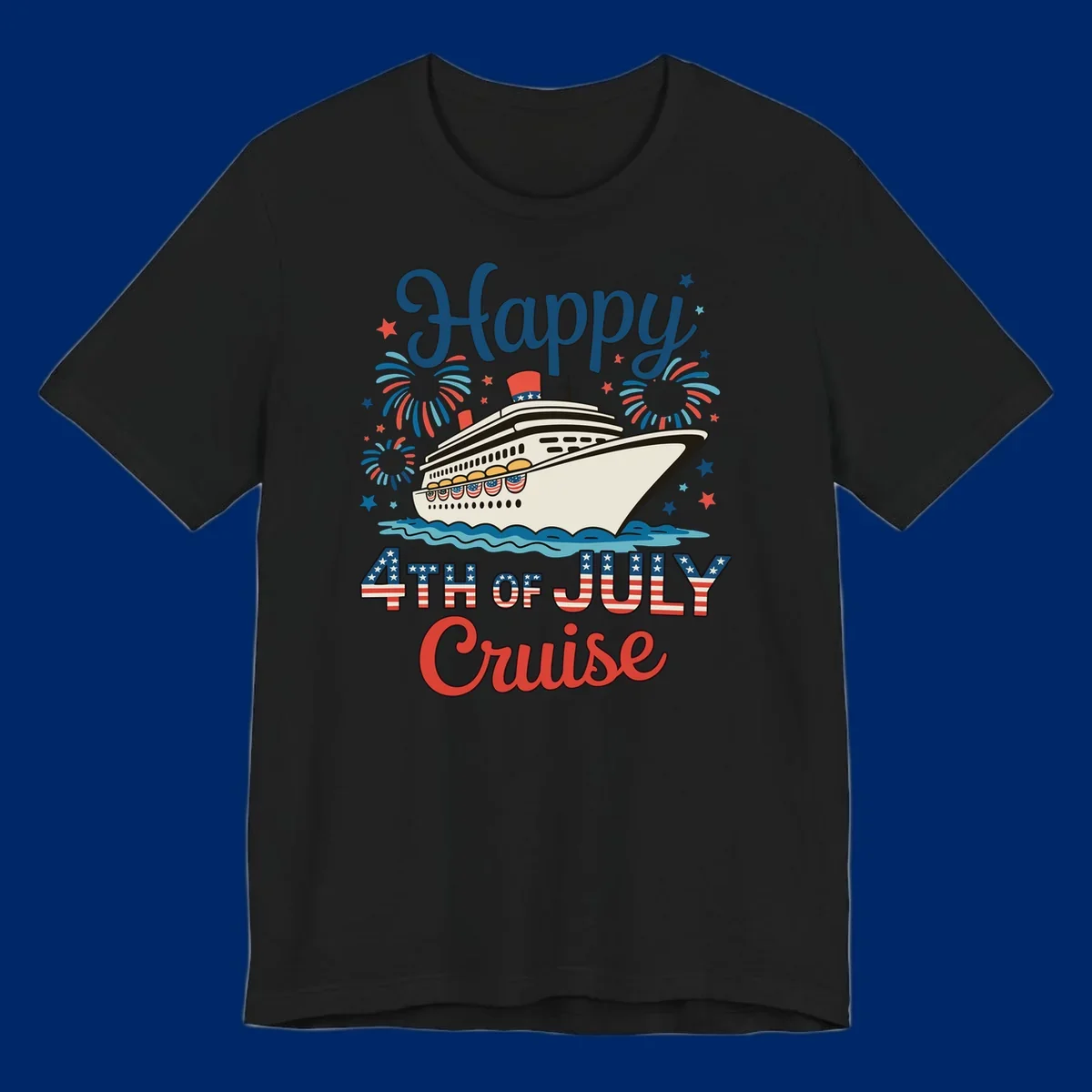 An illustrated design for a happy 4th of July cruise, featuring a white cruise ship on blue waves, surrounded by red and blue fireworks and stars, with the text 'Happy 4TH OF JULY Cruise'.