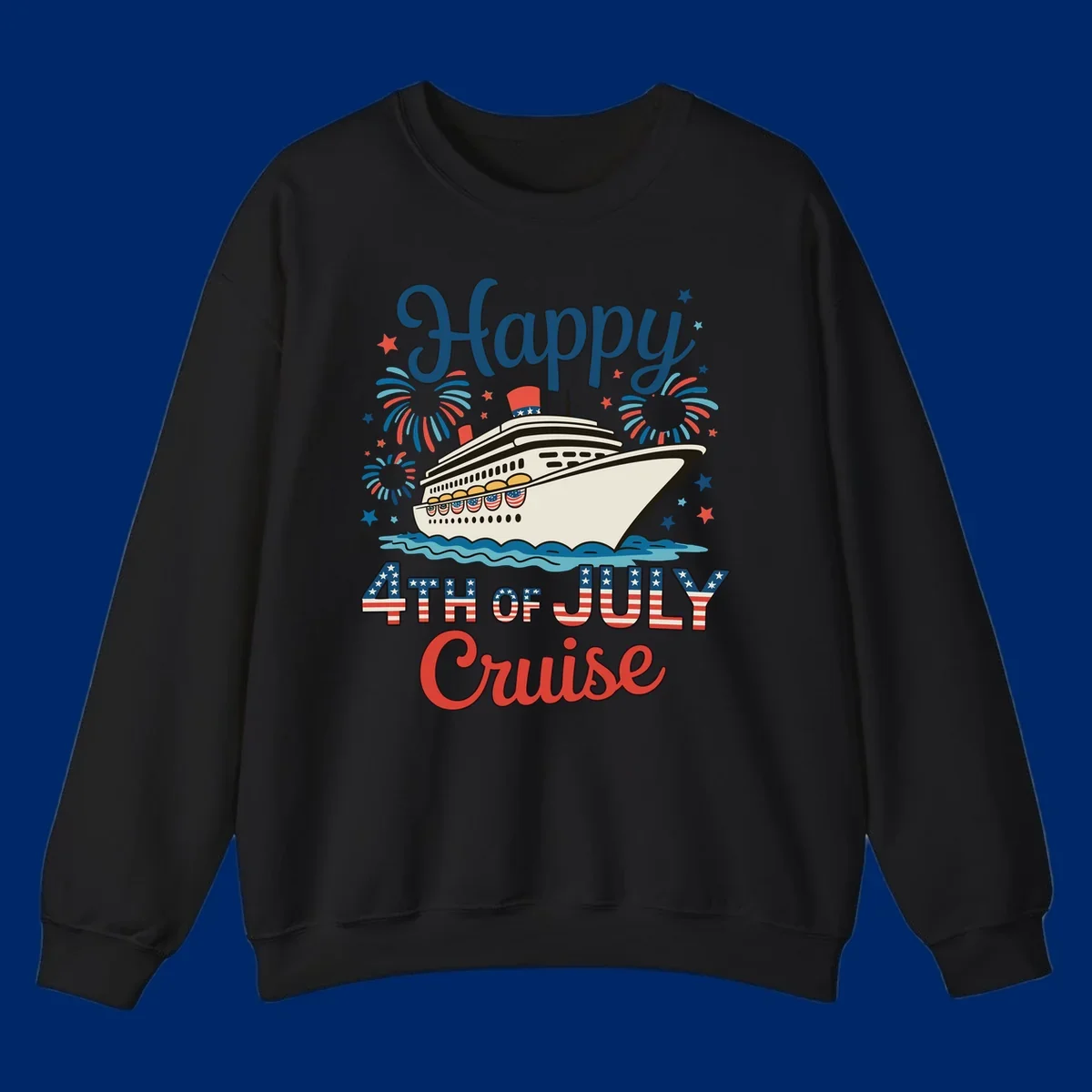 An illustrated design for a happy 4th of July cruise, featuring a white cruise ship on blue waves, surrounded by red and blue fireworks and stars, with the text 'Happy 4TH OF JULY Cruise'.