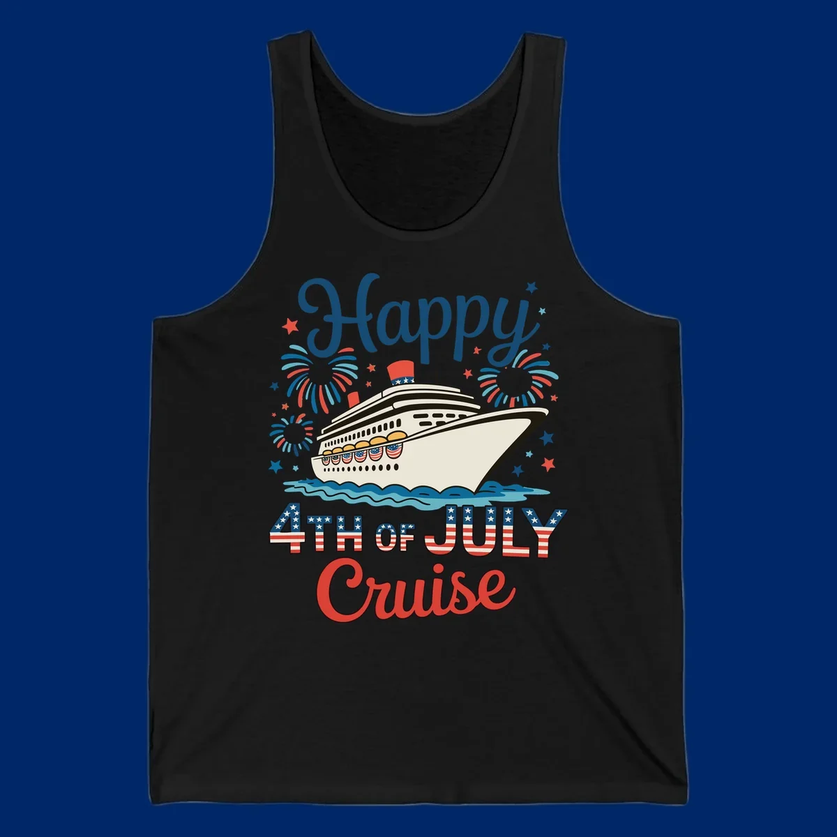 An illustrated design for a happy 4th of July cruise, featuring a white cruise ship on blue waves, surrounded by red and blue fireworks and stars, with the text 'Happy 4TH OF JULY Cruise'.
