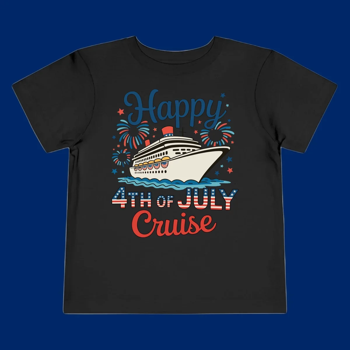 An illustrated design for a happy 4th of July cruise, featuring a white cruise ship on blue waves, surrounded by red and blue fireworks and stars, with the text 'Happy 4TH OF JULY Cruise'.