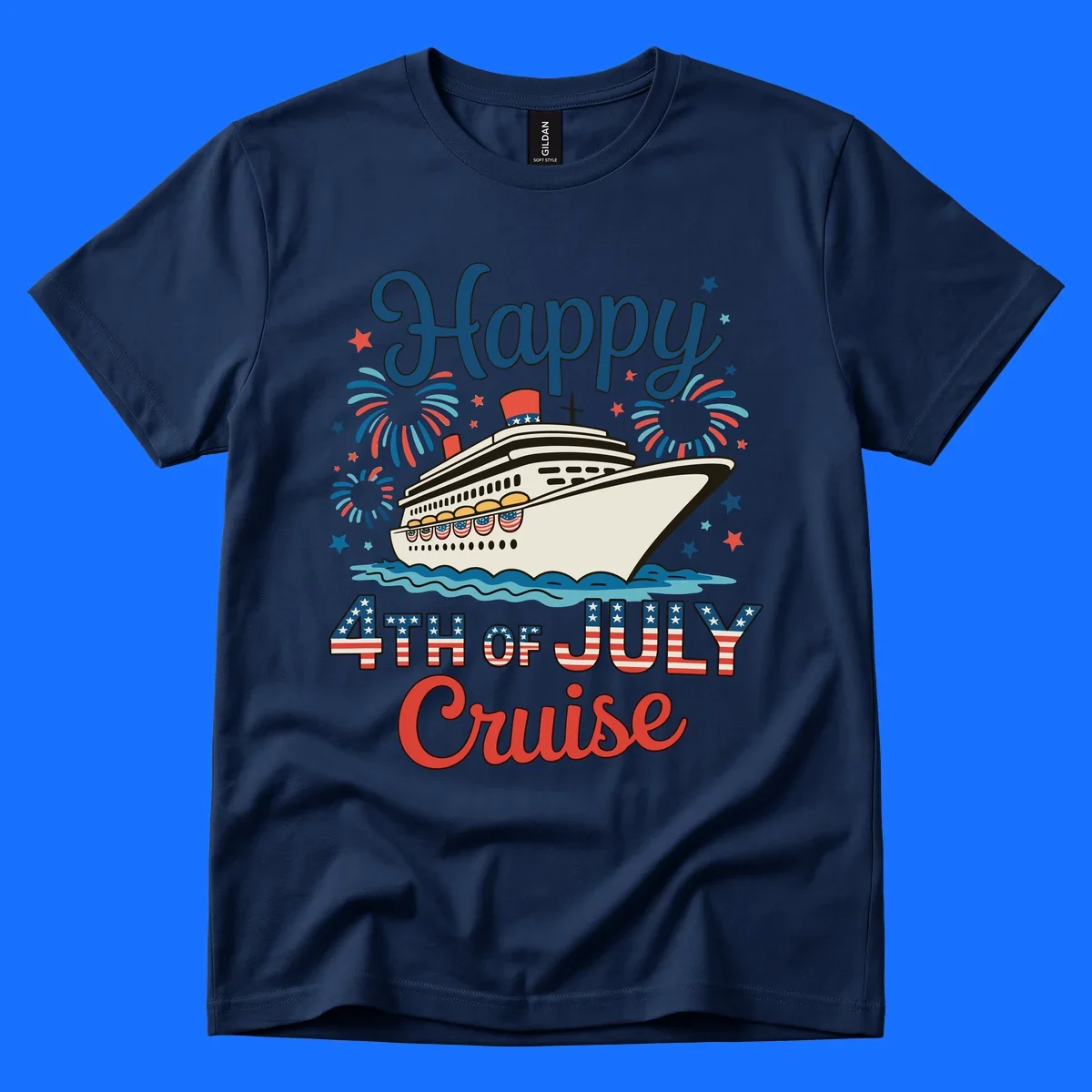 An illustrated design for a happy 4th of July cruise, featuring a white cruise ship on blue waves, surrounded by red and blue fireworks and stars, with the text 'Happy 4TH OF JULY Cruise'.