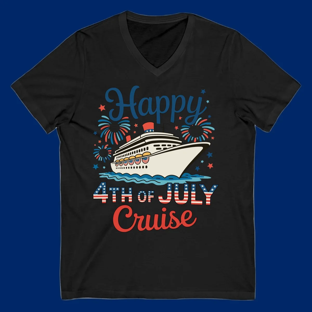 An illustrated design for a happy 4th of July cruise, featuring a white cruise ship on blue waves, surrounded by red and blue fireworks and stars, with the text 'Happy 4TH OF JULY Cruise'.