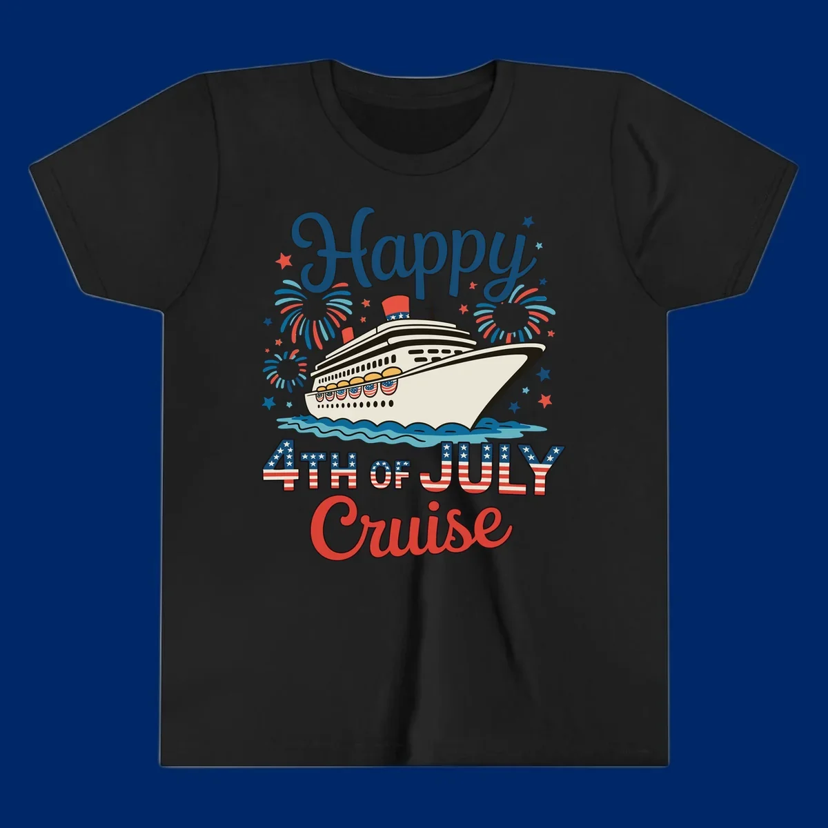 An illustrated design for a happy 4th of July cruise, featuring a white cruise ship on blue waves, surrounded by red and blue fireworks and stars, with the text 'Happy 4TH OF JULY Cruise'.