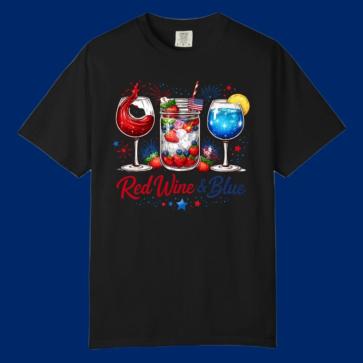 Illustration of red wine, blue cocktail, and a mason jar drink with strawberries and blueberries, set against fireworks and stars, with 'Red Wine & Blue' text. Features red-wine-blue-drinks theme.