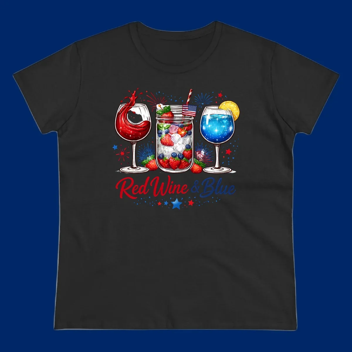 Illustration of red wine, blue cocktail, and a mason jar drink with strawberries and blueberries, set against fireworks and stars, with 'Red Wine & Blue' text. Features red-wine-blue-drinks theme.
