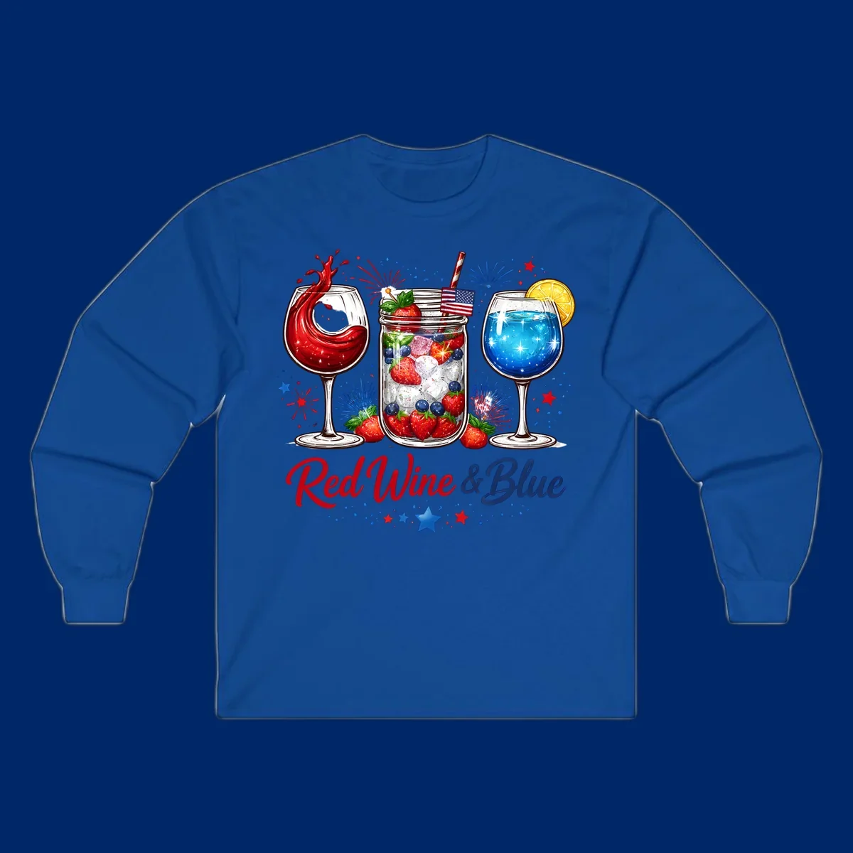 Illustration of red wine, blue cocktail, and a mason jar drink with strawberries and blueberries, set against fireworks and stars, with 'Red Wine & Blue' text. Features red-wine-blue-drinks theme.