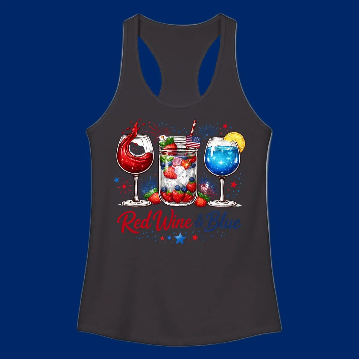 Illustration of red wine, blue cocktail, and a mason jar drink with strawberries and blueberries, set against fireworks and stars, with 'Red Wine & Blue' text. Features red-wine-blue-drinks theme.