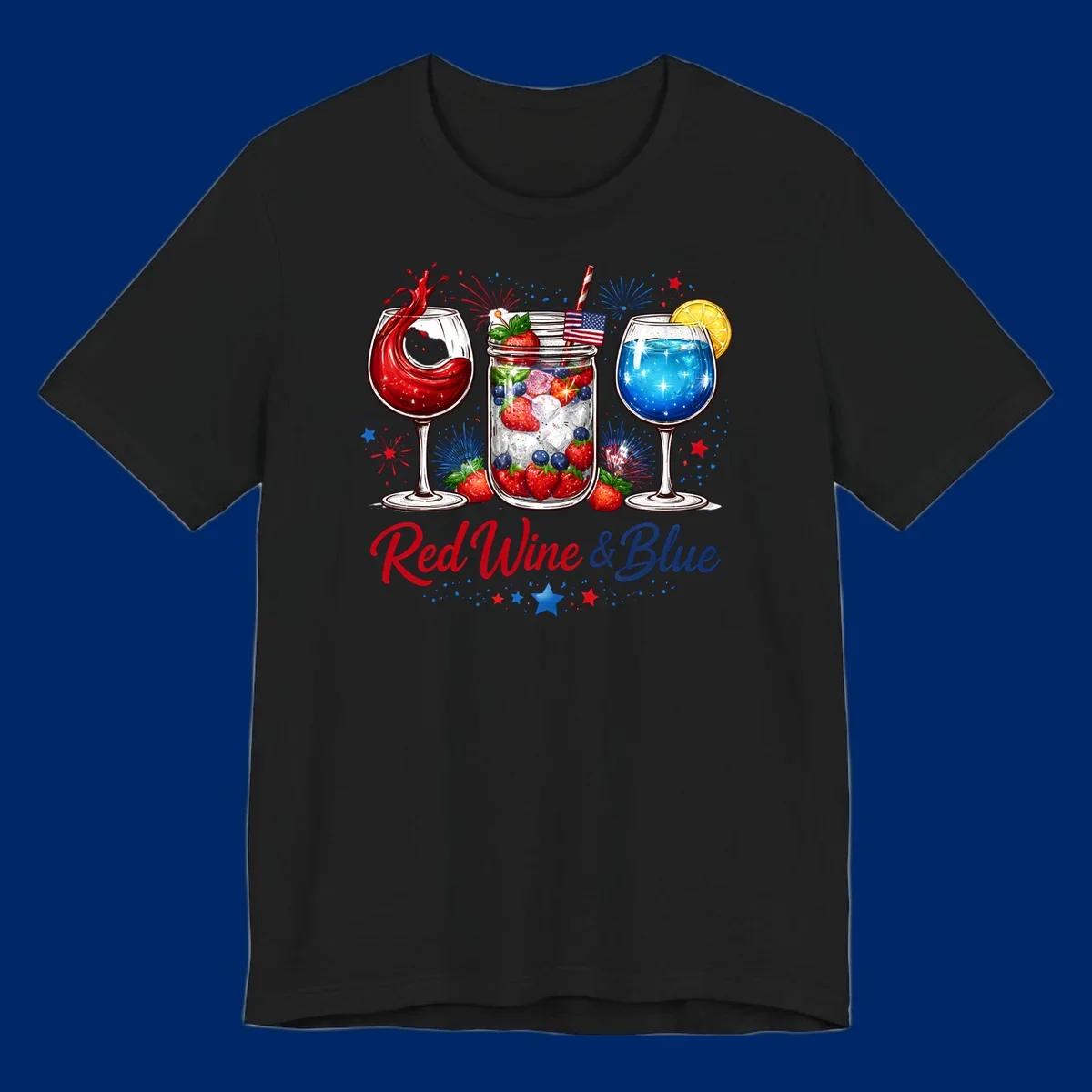 Illustration of red wine, blue cocktail, and a mason jar drink with strawberries and blueberries, set against fireworks and stars, with 'Red Wine & Blue' text. Features red-wine-blue-drinks theme.
