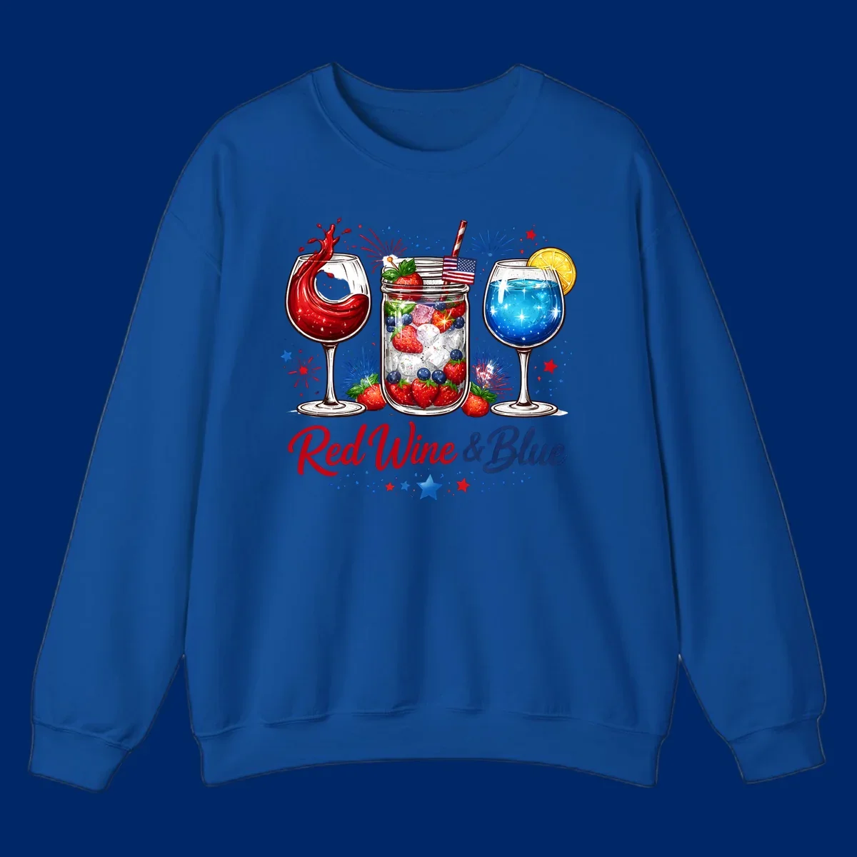 Illustration of red wine, blue cocktail, and a mason jar drink with strawberries and blueberries, set against fireworks and stars, with 'Red Wine & Blue' text. Features red-wine-blue-drinks theme.