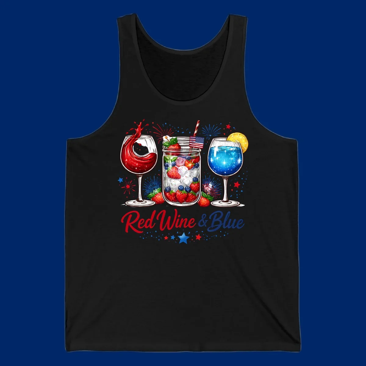Illustration of red wine, blue cocktail, and a mason jar drink with strawberries and blueberries, set against fireworks and stars, with 'Red Wine & Blue' text. Features red-wine-blue-drinks theme.