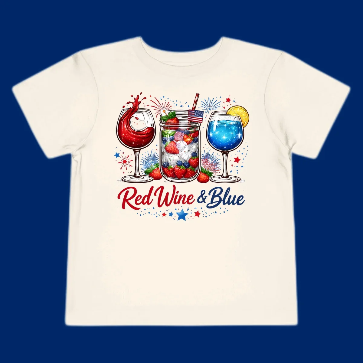 Illustration of red wine, blue cocktail, and a mason jar drink with strawberries and blueberries, set against fireworks and stars, with 'Red Wine & Blue' text. Features red-wine-blue-drinks theme.