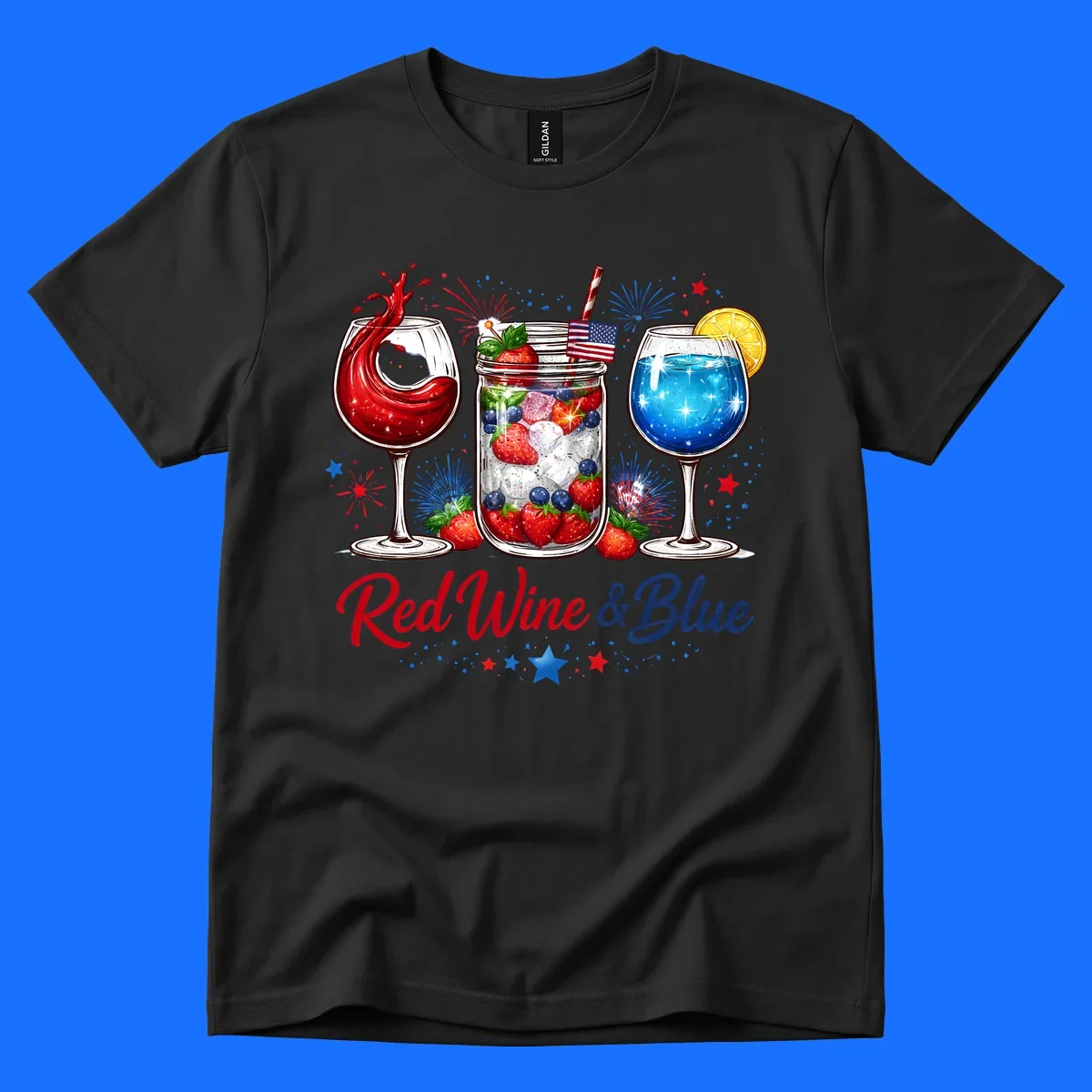 Illustration of red wine, blue cocktail, and a mason jar drink with strawberries and blueberries, set against fireworks and stars, with 'Red Wine & Blue' text. Features red-wine-blue-drinks theme.