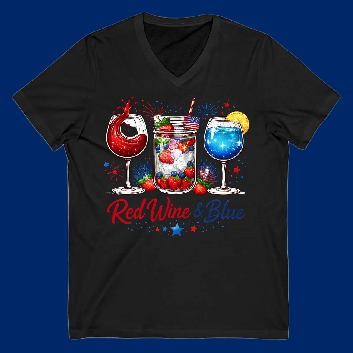 Illustration of red wine, blue cocktail, and a mason jar drink with strawberries and blueberries, set against fireworks and stars, with 'Red Wine & Blue' text. Features red-wine-blue-drinks theme.