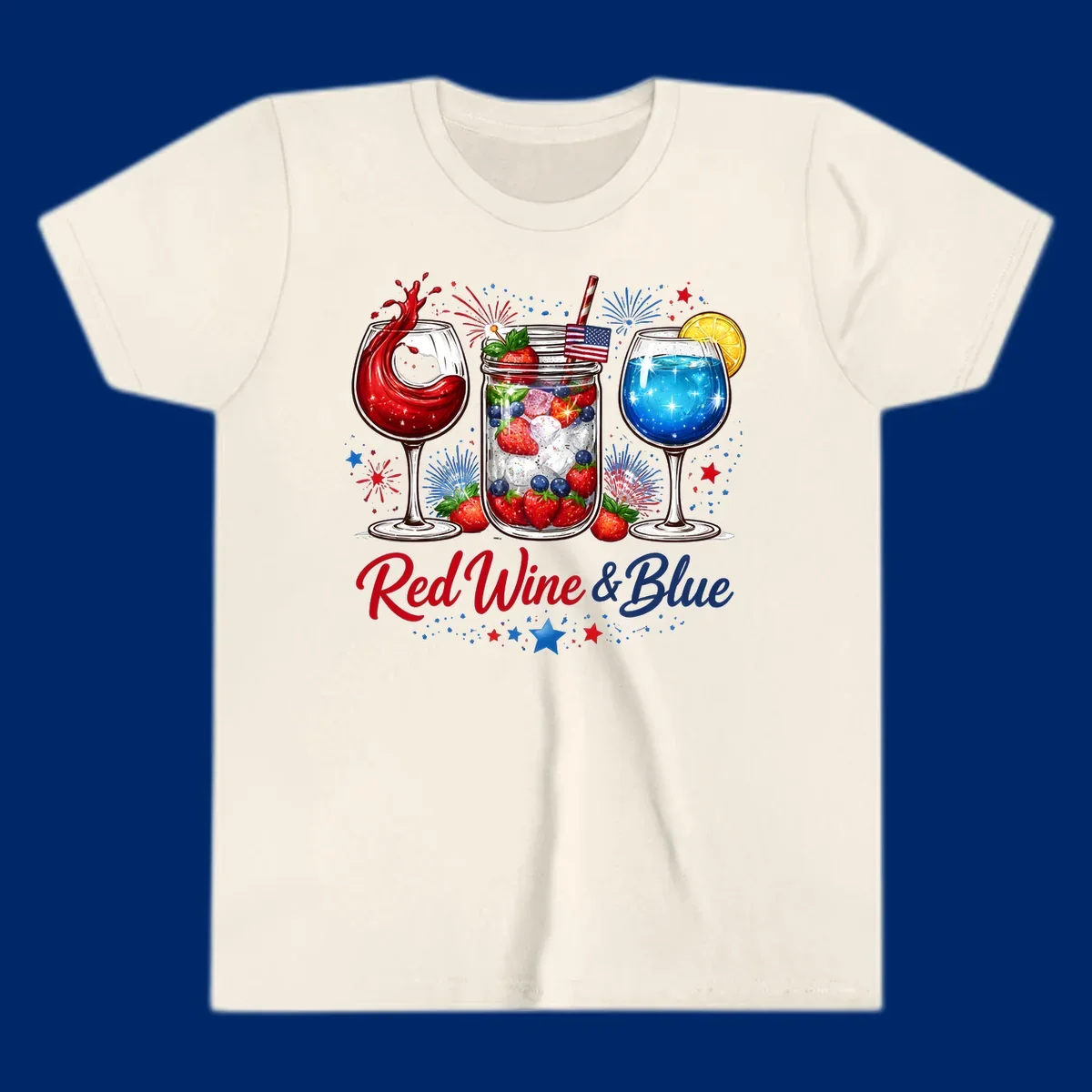 Illustration of red wine, blue cocktail, and a mason jar drink with strawberries and blueberries, set against fireworks and stars, with 'Red Wine & Blue' text. Features red-wine-blue-drinks theme.