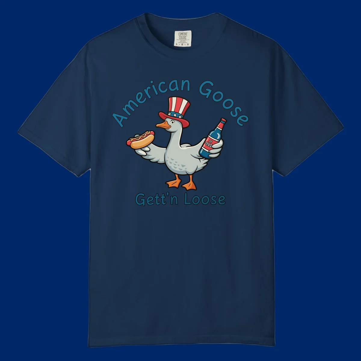 A cartoon goose wearing an Uncle Sam hat holds a hot dog and a bottle, with "American Goose Gett'n Loose" text.