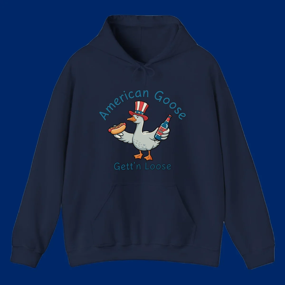 A cartoon goose wearing an Uncle Sam hat holds a hot dog and a bottle, with "American Goose Gett'n Loose" text.