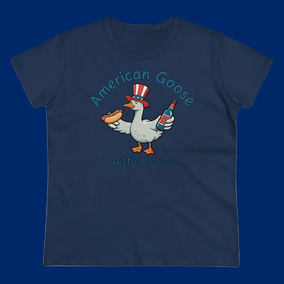 A cartoon goose wearing an Uncle Sam hat holds a hot dog and a bottle, with "American Goose Gett'n Loose" text.