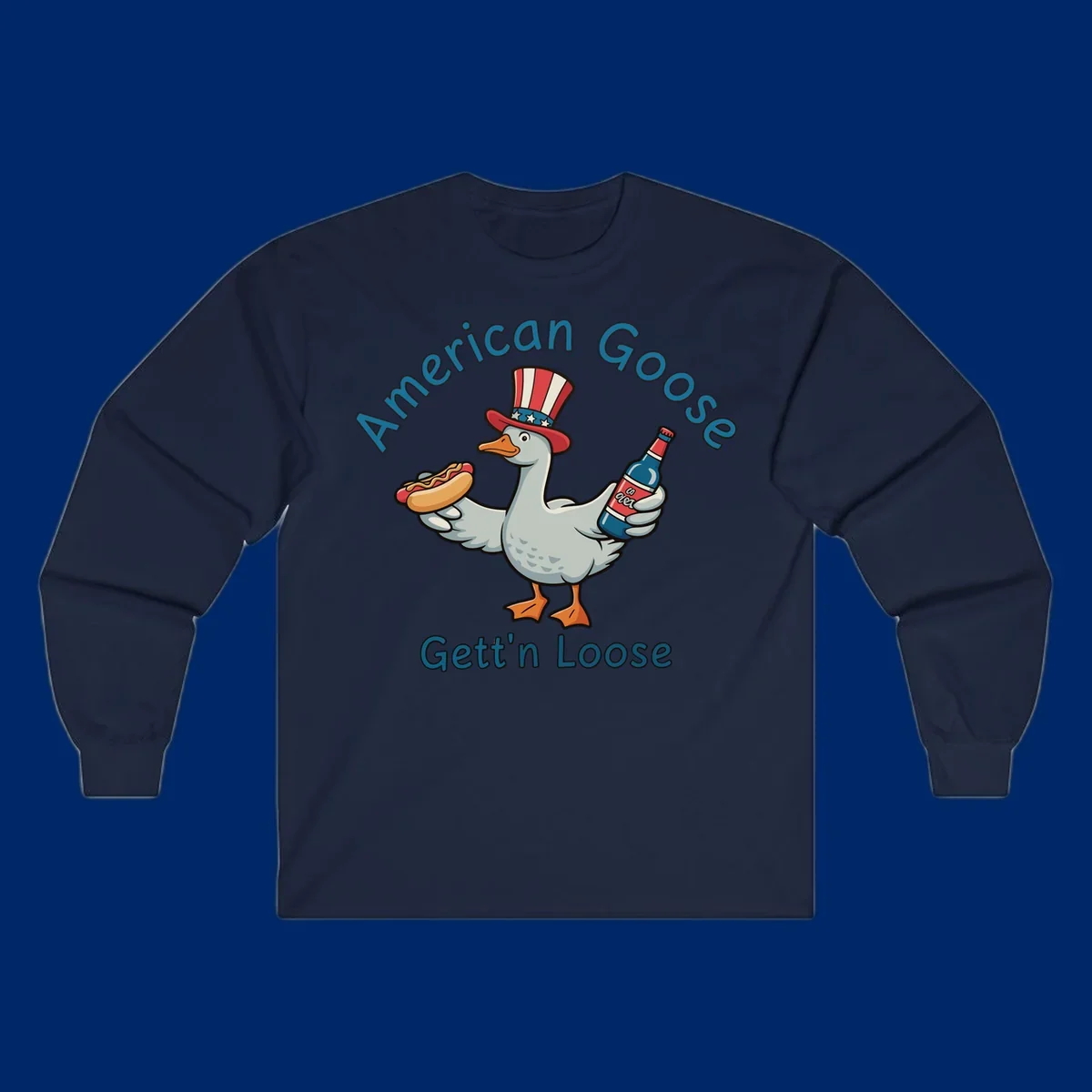 A cartoon goose wearing an Uncle Sam hat holds a hot dog and a bottle, with "American Goose Gett'n Loose" text.