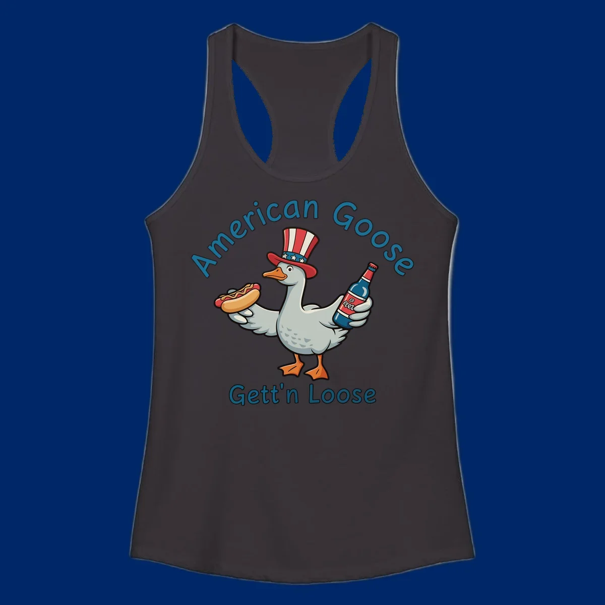 A cartoon goose wearing an Uncle Sam hat holds a hot dog and a bottle, with "American Goose Gett'n Loose" text.