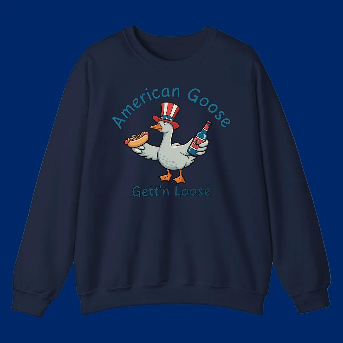 A cartoon goose wearing an Uncle Sam hat holds a hot dog and a bottle, with "American Goose Gett'n Loose" text.