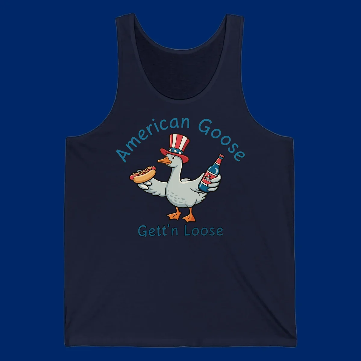 A cartoon goose wearing an Uncle Sam hat holds a hot dog and a bottle, with "American Goose Gett'n Loose" text.