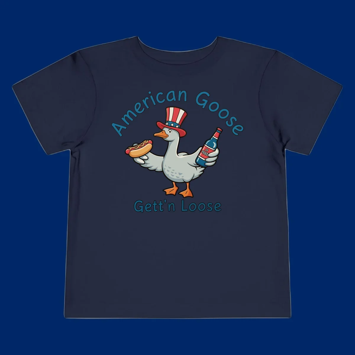 A cartoon goose wearing an Uncle Sam hat holds a hot dog and a bottle, with "American Goose Gett'n Loose" text.