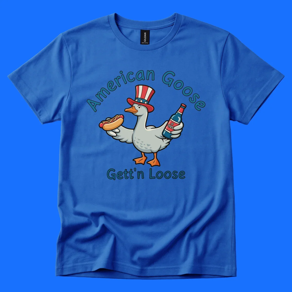 A cartoon goose wearing an Uncle Sam hat holds a hot dog and a bottle, with "American Goose Gett'n Loose" text.
