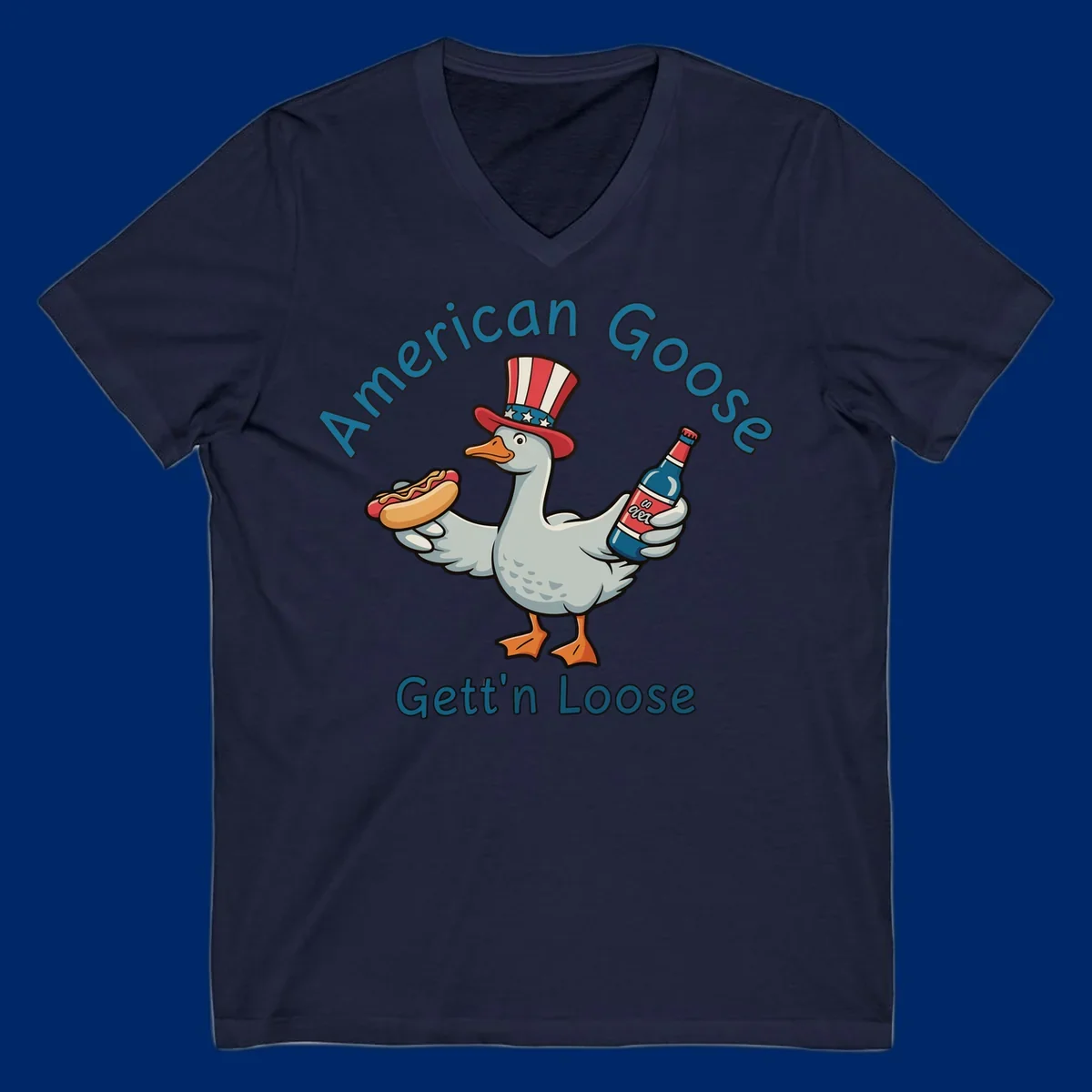 A cartoon goose wearing an Uncle Sam hat holds a hot dog and a bottle, with "American Goose Gett'n Loose" text.
