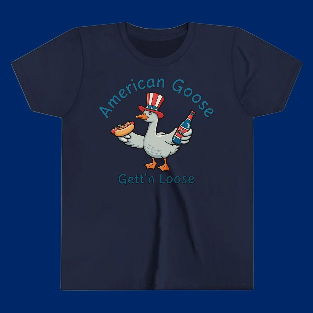 A cartoon goose wearing an Uncle Sam hat holds a hot dog and a bottle, with "American Goose Gett'n Loose" text.