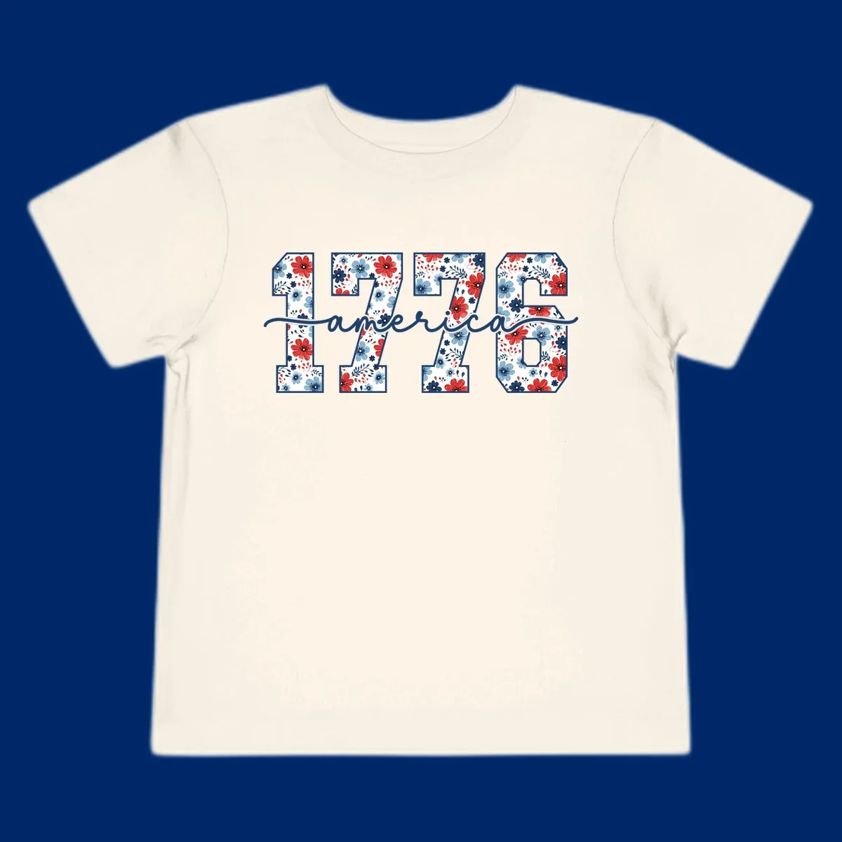 A design featuring the year 1776 with red and blue floral patterns inside each number, and the word 'america' in script below. The 1776-america-floral design is outlined in dark blue.