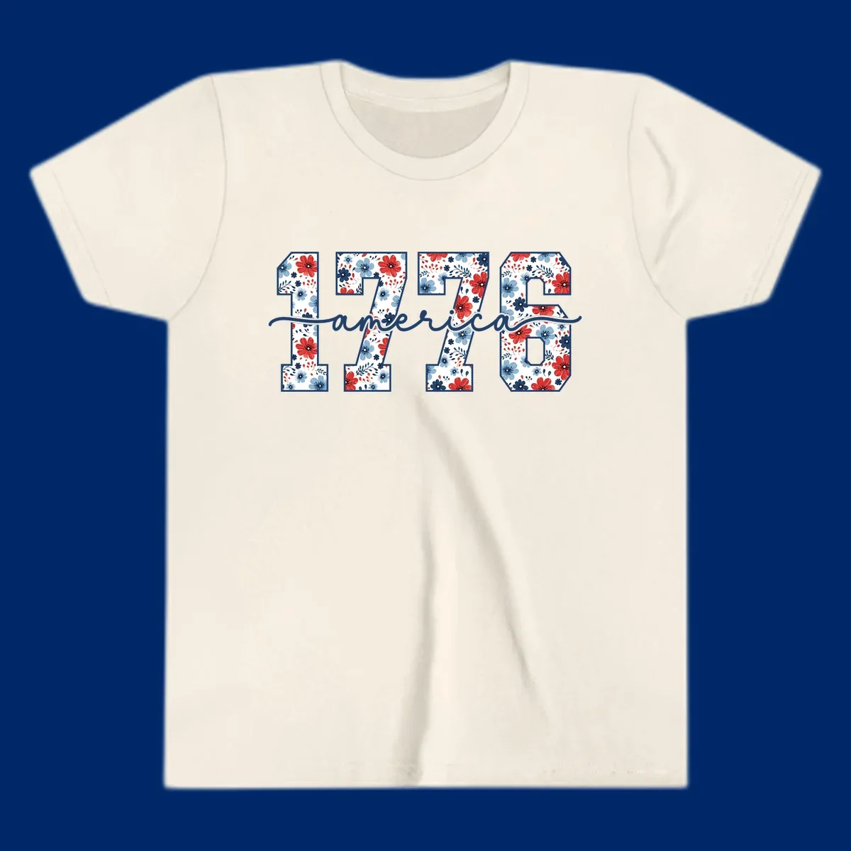 A design featuring the year 1776 with red and blue floral patterns inside each number, and the word 'america' in script below. The 1776-america-floral design is outlined in dark blue.