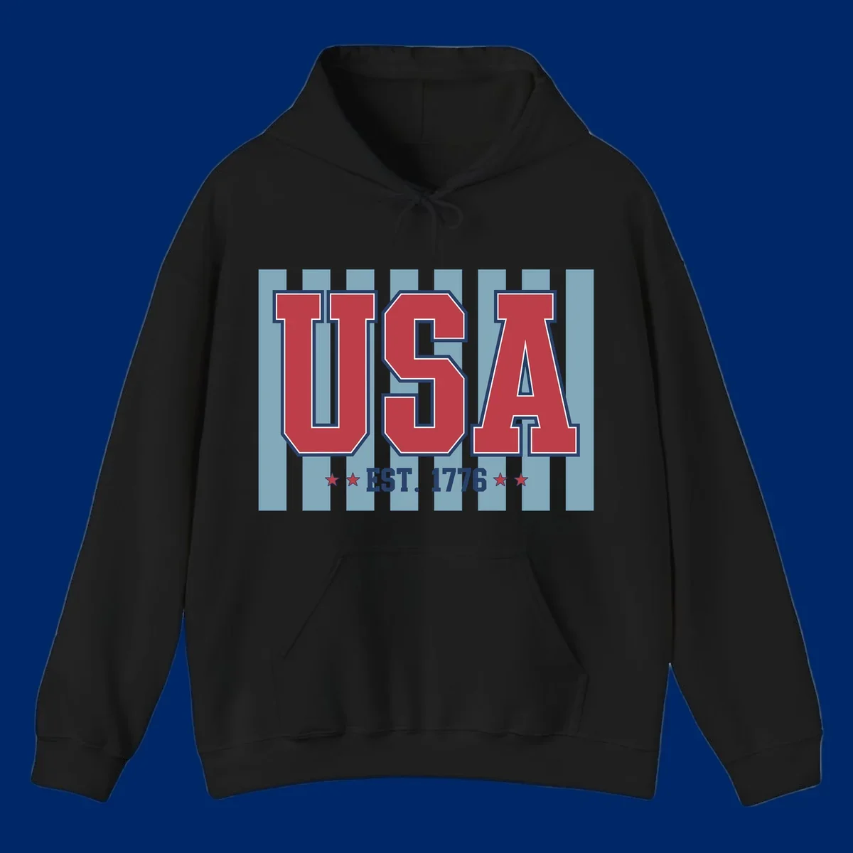 A patriotic design with large red 'USA' letters and 'EST. 1776' text, flanked by stars, against a striped background. usa-1776-founding-heritage.