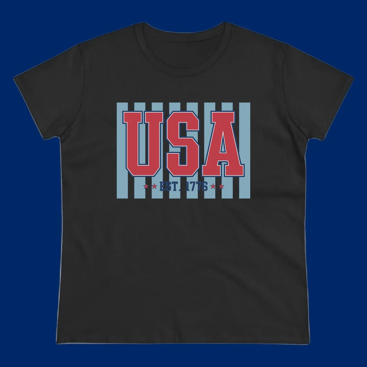 A patriotic design with large red 'USA' letters and 'EST. 1776' text, flanked by stars, against a striped background. usa-1776-founding-heritage.