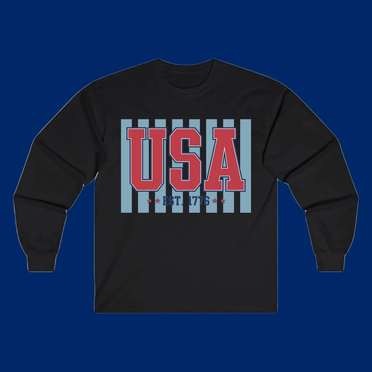 A patriotic design with large red 'USA' letters and 'EST. 1776' text, flanked by stars, against a striped background. usa-1776-founding-heritage.